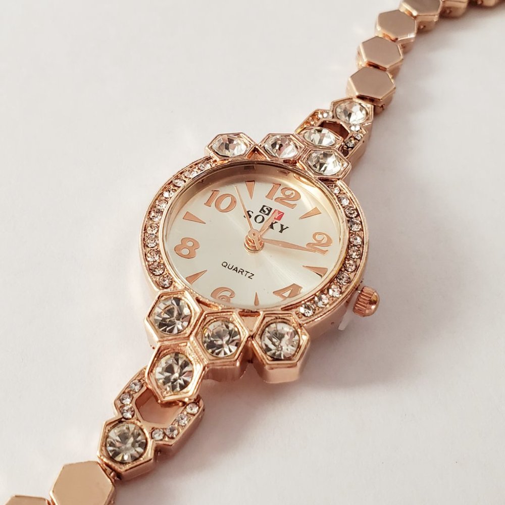 SOXY Rose Gold Tone and Rhinestone Hexagon Watch